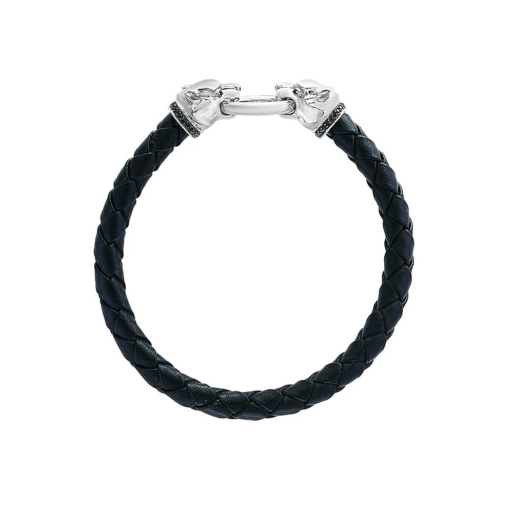 Men's Sterling Silver & Black Spinel Braided Leather Panther Bracelet