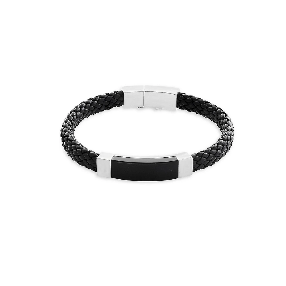 Men's Sterling Silver Leather Onyx Bracelet