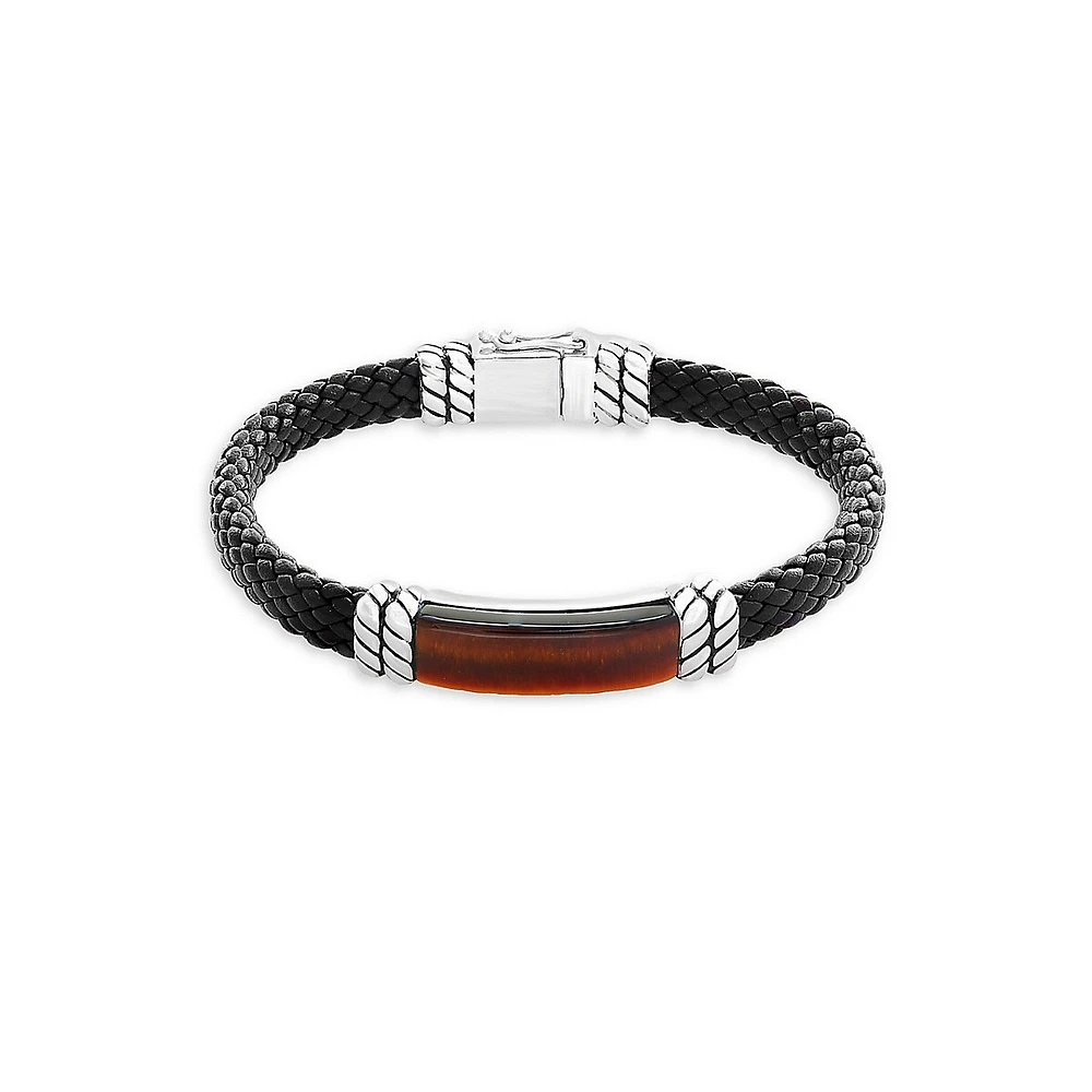 Bracelet en argent sterling et en cuir avec œil de tigre Effy Mens