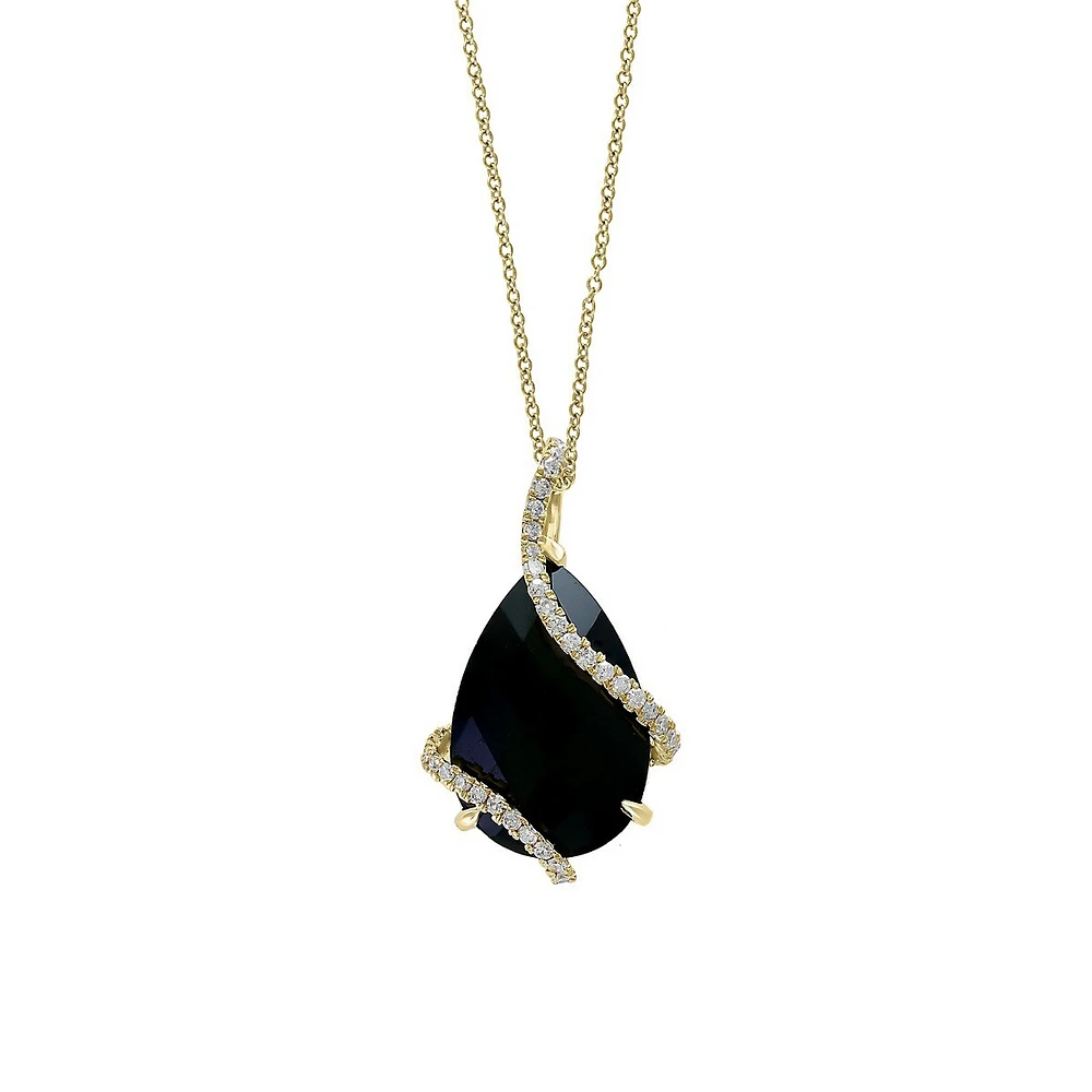 Collier à pendentif en forme de goutte en or jaune 14 ct avec onyx et diamant