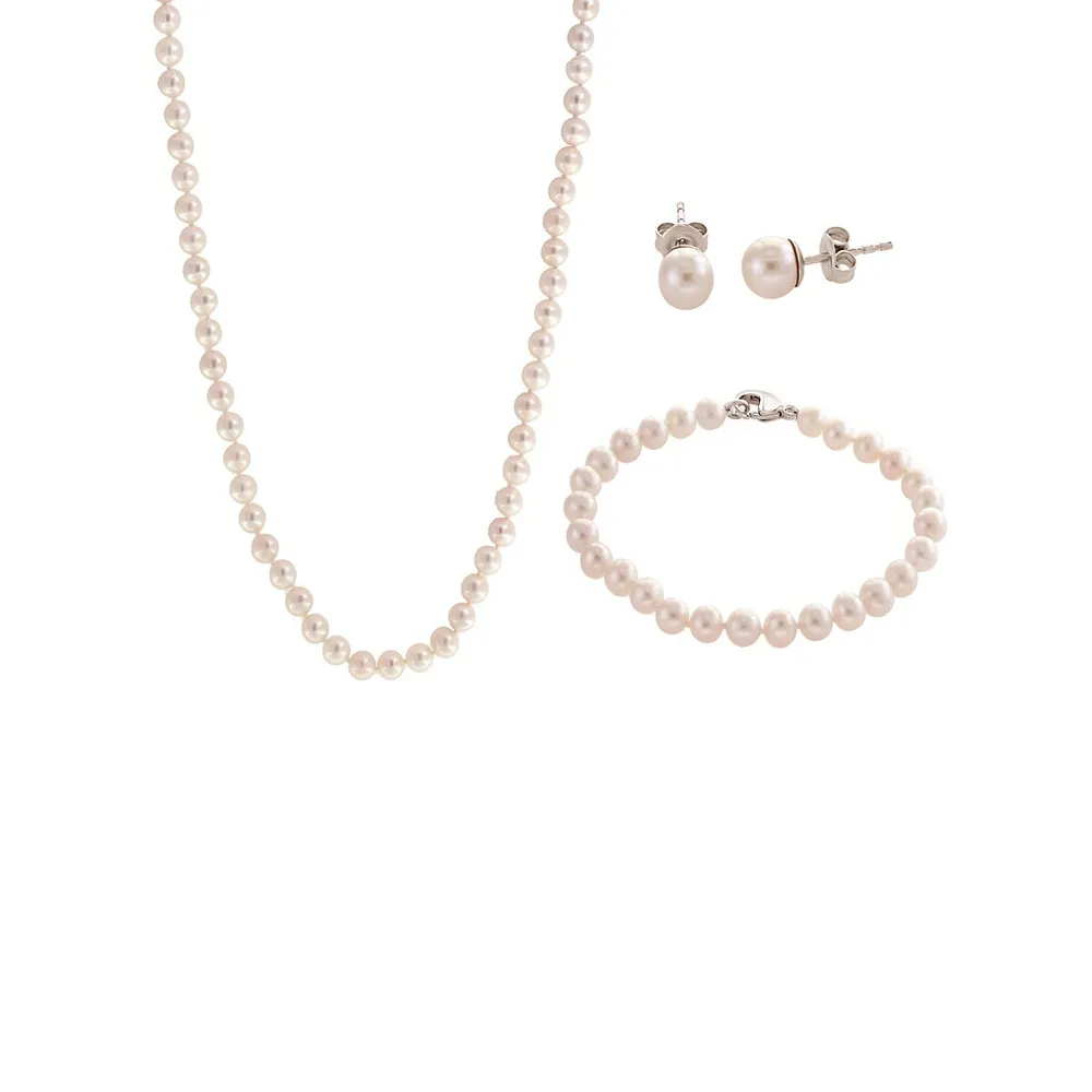 Ensemble collier, bracelet et boucles d'oreilles en argent sterling avec perles d'eau douce de 6,5 mm