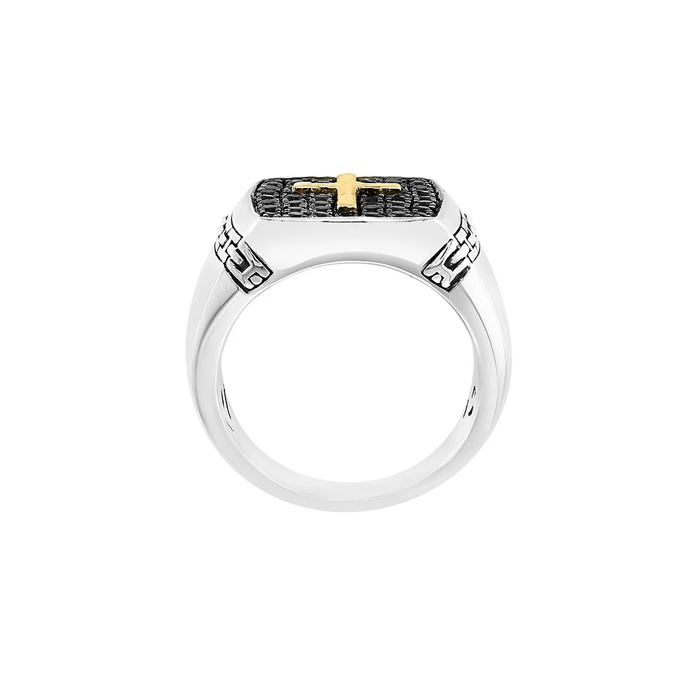 Men's Sterling Silver, 18K Yellow Gold & Black Sapphire Engraved Cross Ring