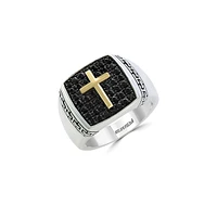 Men's Sterling Silver, 18K Yellow Gold & Black Sapphire Engraved Cross Ring