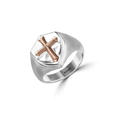 Men's Sterling Silver & 18K Rose Goldplated Cross Shield Ring