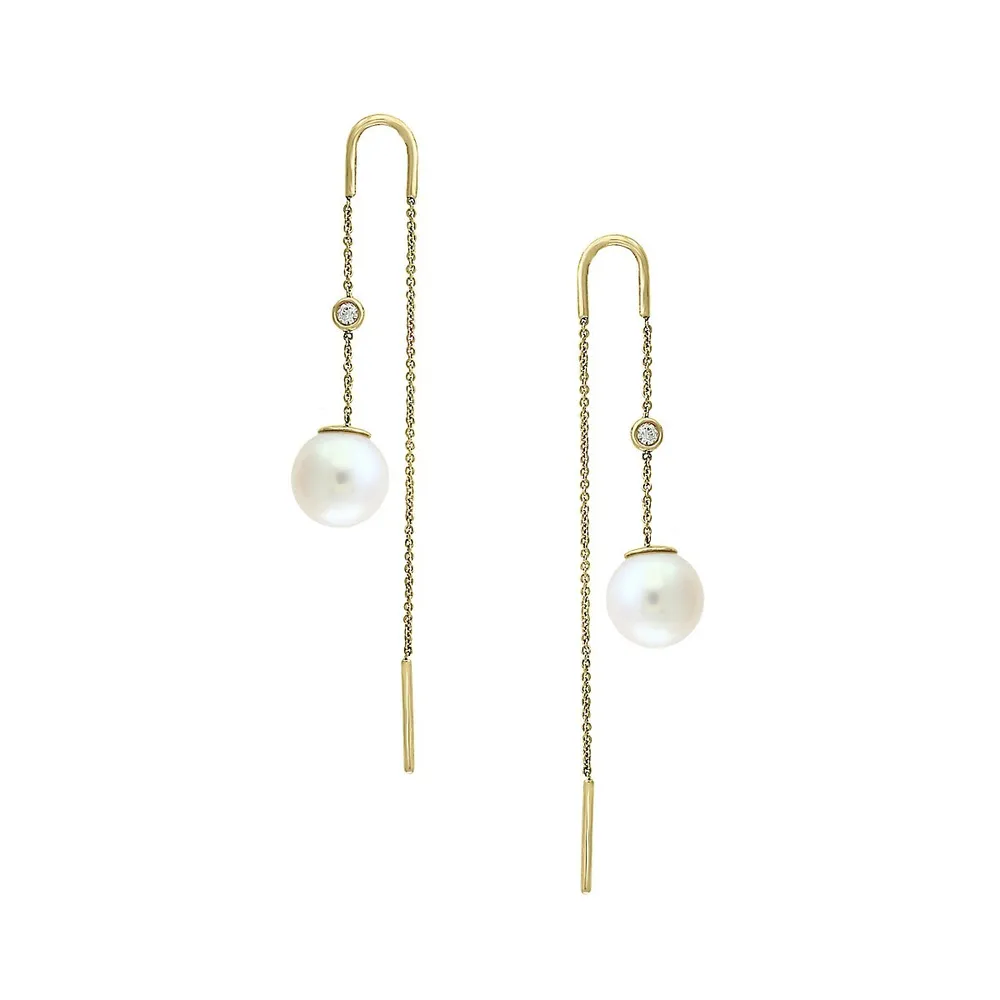 Pearl 14K Yellow Gold and 0.07K Diamond Threader Earrings