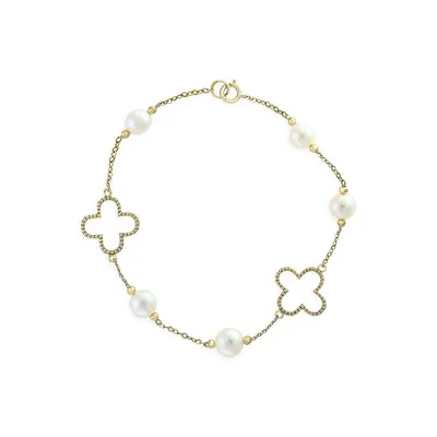 Bracelet en or jaune 14 ct avec perles blanches de 6 mm