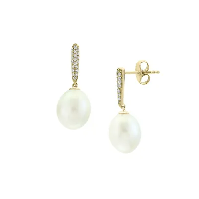 14K Yellow Gold, 10MM Freshwater Pearl & Diamond Drop Earrings