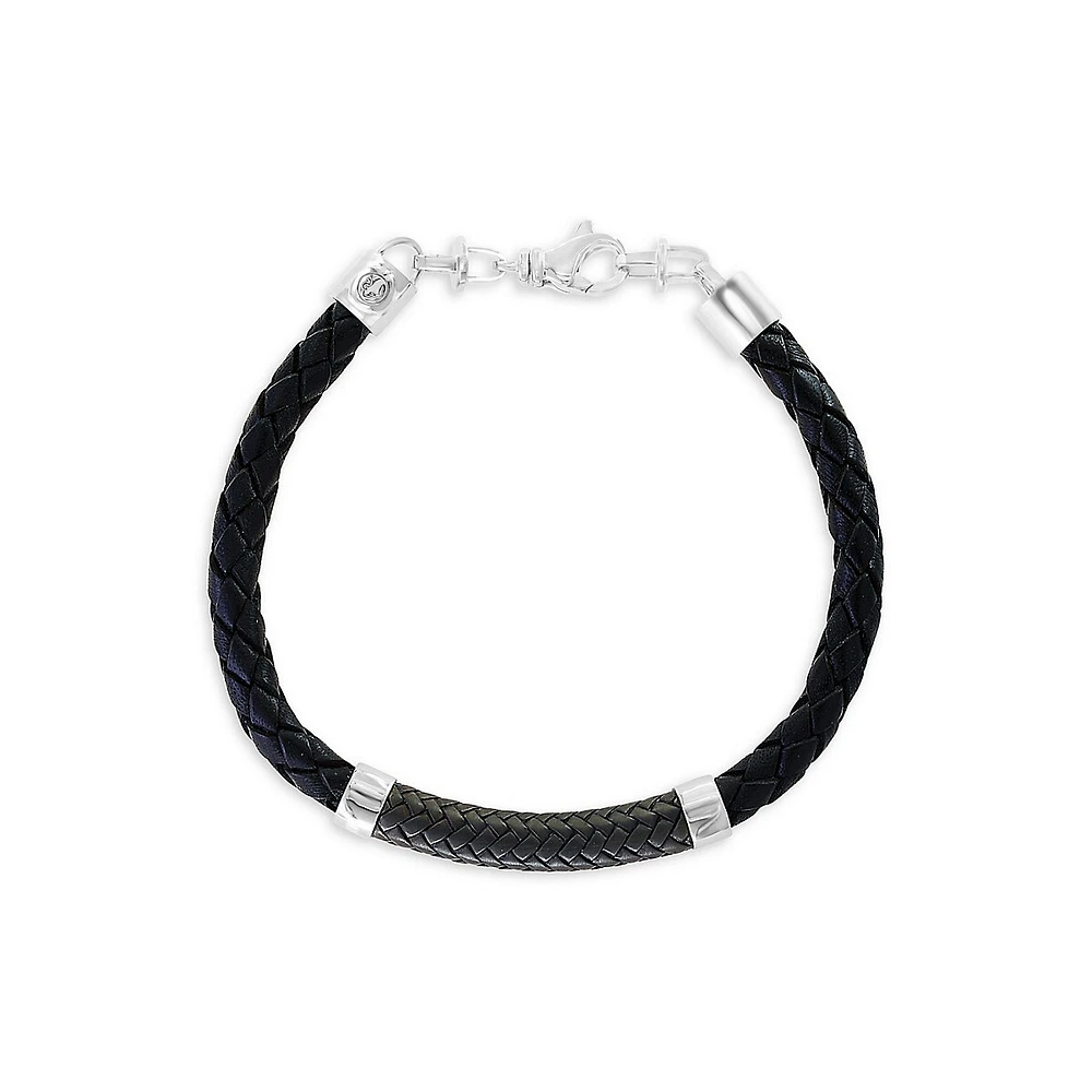 Men's Sterling Silver, Black Leather & Black Rhodium Bracelet