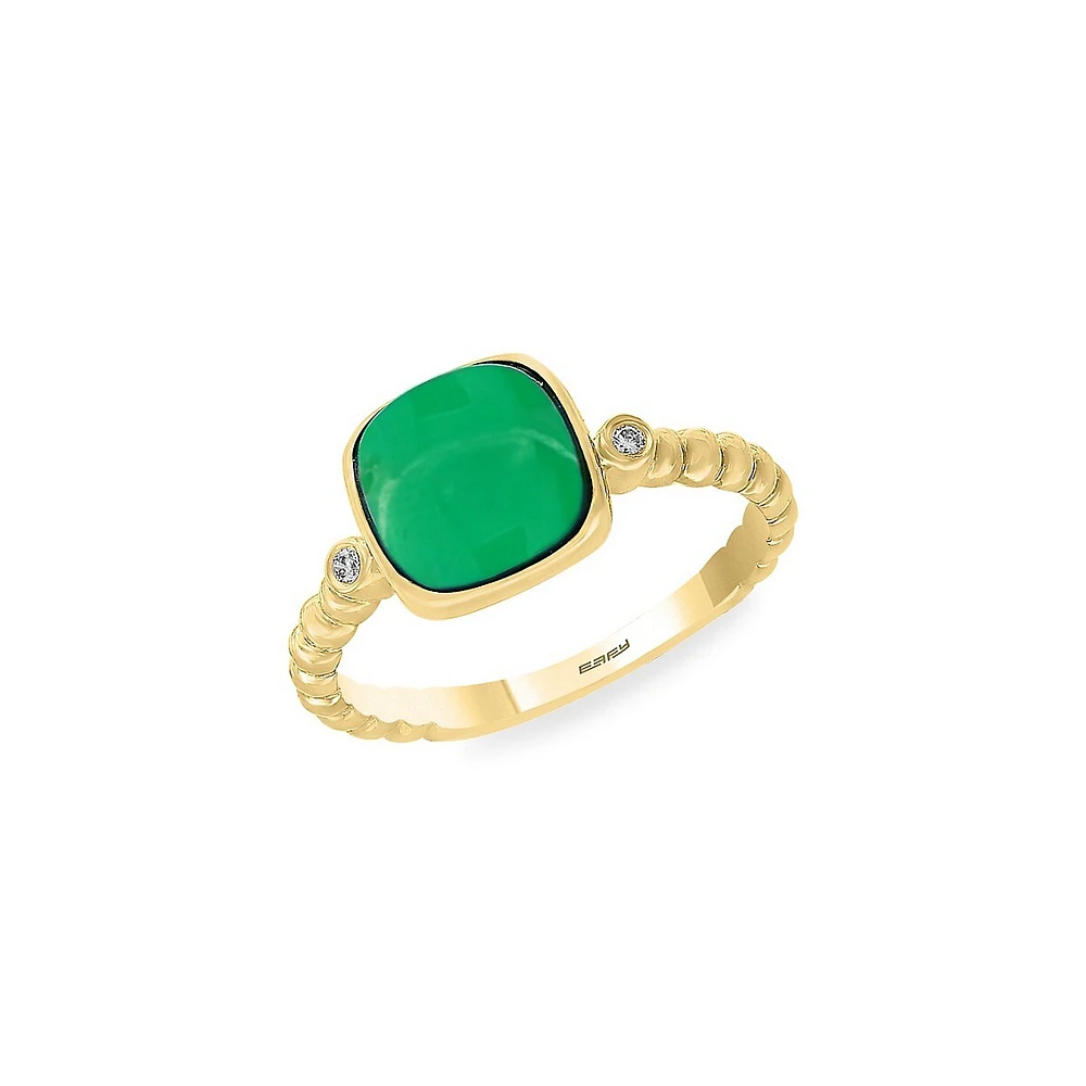 Bague en or jaune 14 ct avec jade et diamants 0,03 ct PT