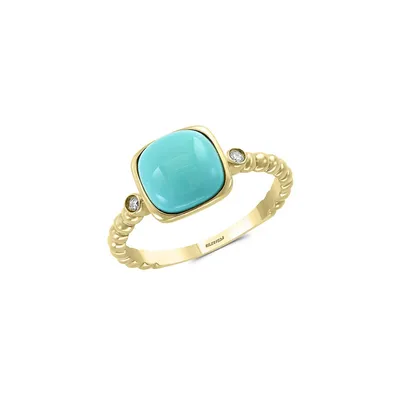 14K Yellow Gold, Diamond & Turquoise Ring