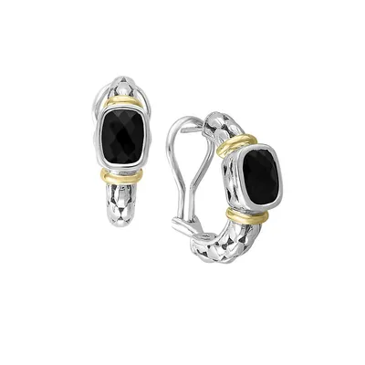 Eclipse 925 Sterling Silver 18K Yellow Gold and Onyx Hoop Earrings