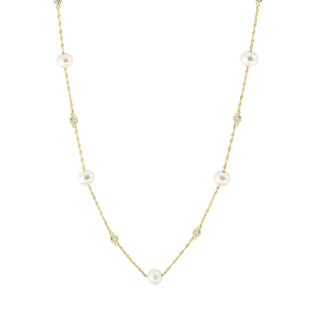 14K Yellow Gold, 5.5mm White Potato Pearl & Diamond Necklace