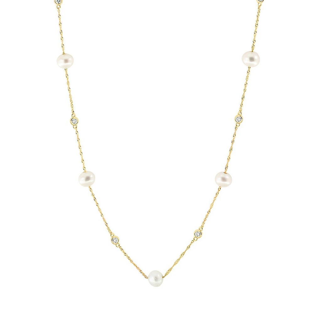 14K Yellow Gold, 5.5mm White Potato Pearl & Diamond Necklace