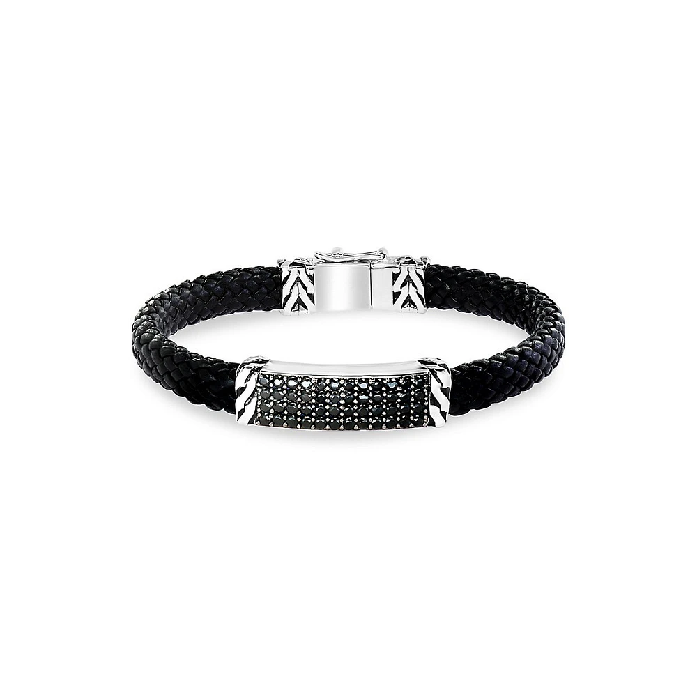 Men's Sterling Silver. Black Rhodium, Black Spinel & Leather Bracelet