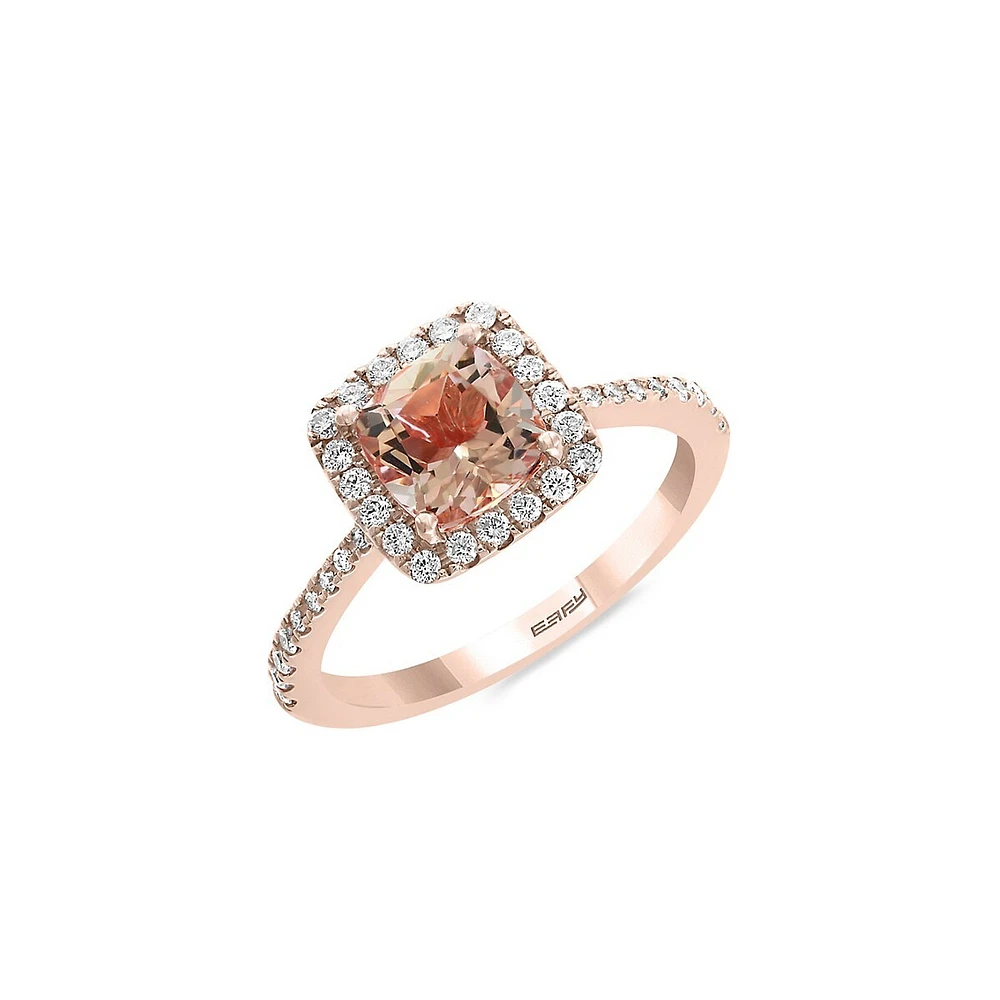 Bague en or rose 14 ct avec diamant 0,36 ct PT et morganite carrée