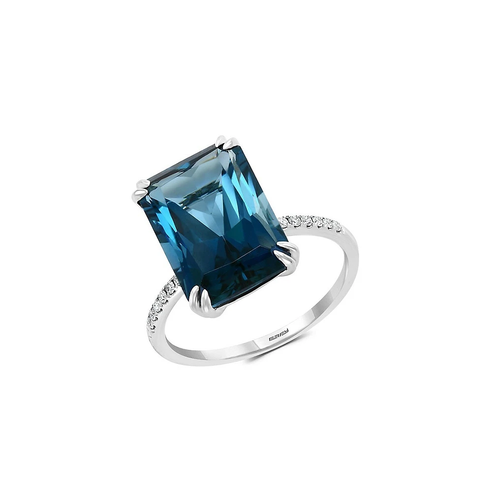 Bague en or blanc 14 ct avec topaze bleue de Londres et diamant 0,06 ct PT