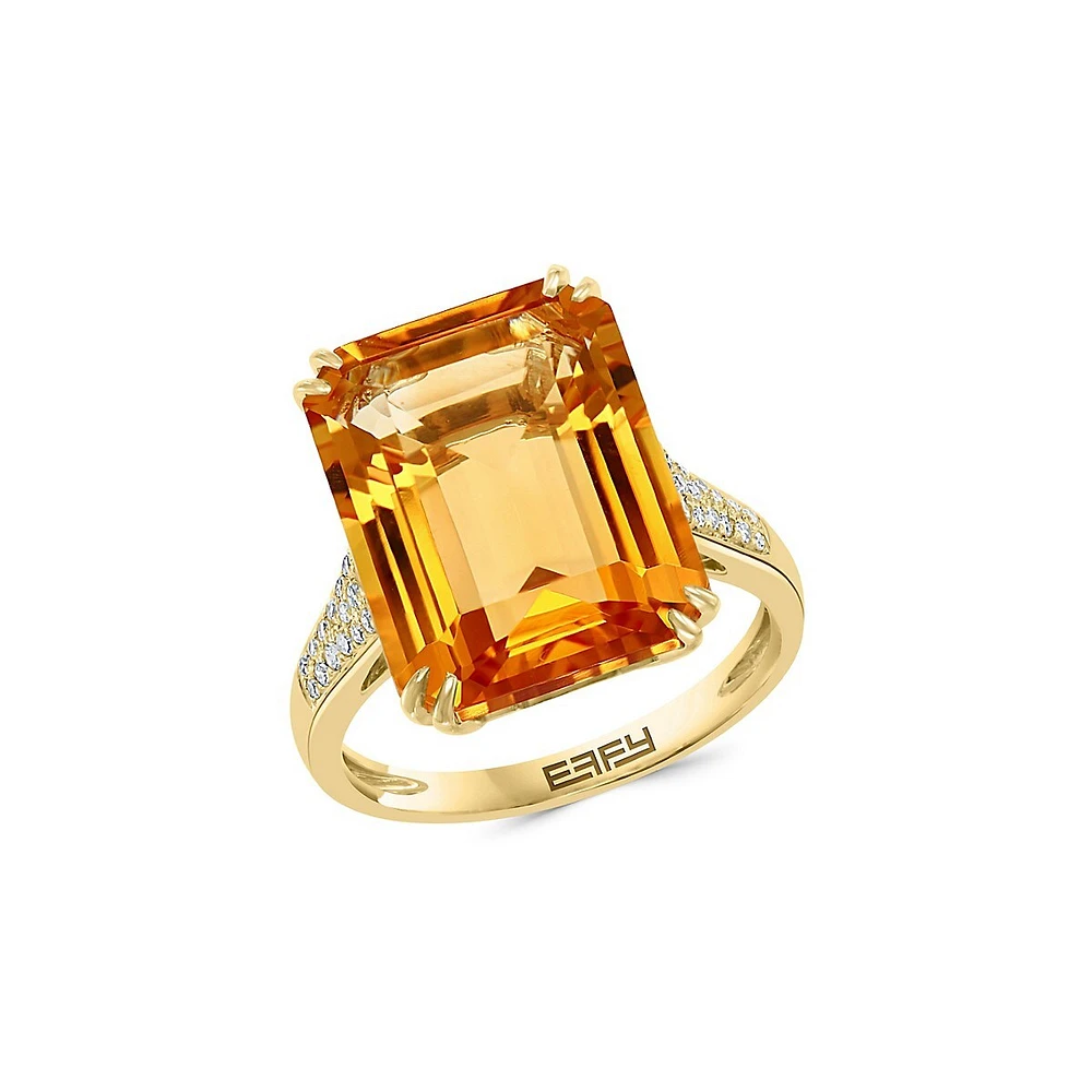 Bague en or jaune 14 ct avec citrine et diamants 0,07 ct PT