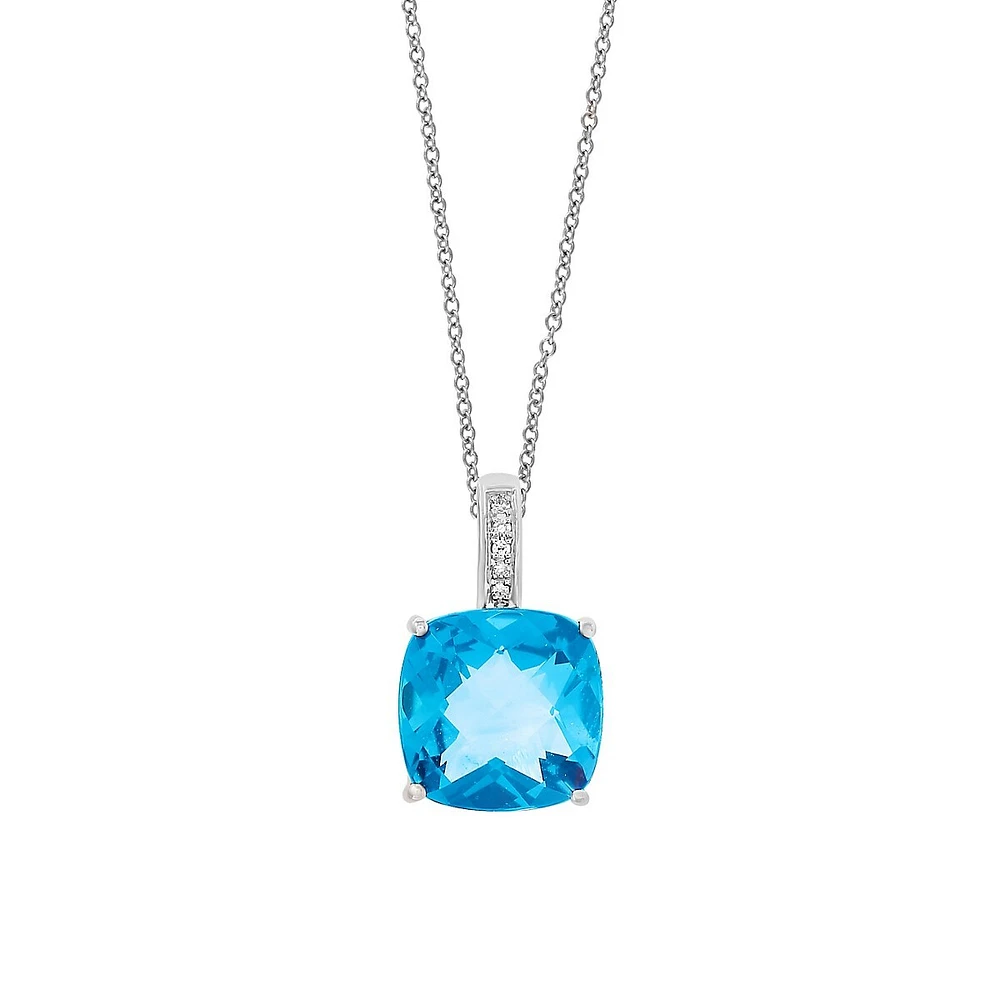 Collier à pendentif en or blanc 14 ct avec topaze bleue et diamants 0,02 ct PT