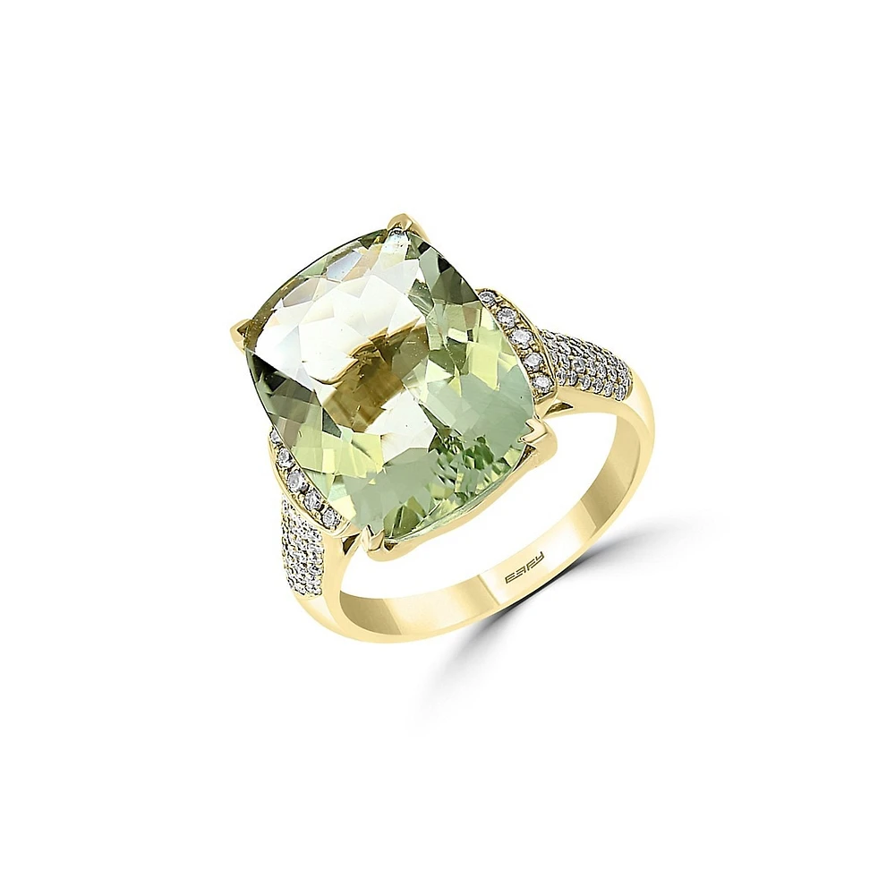 Bague en or jaune 14 ct avec pavé de diamants de 0,27 ct (PT) et améthyste verte