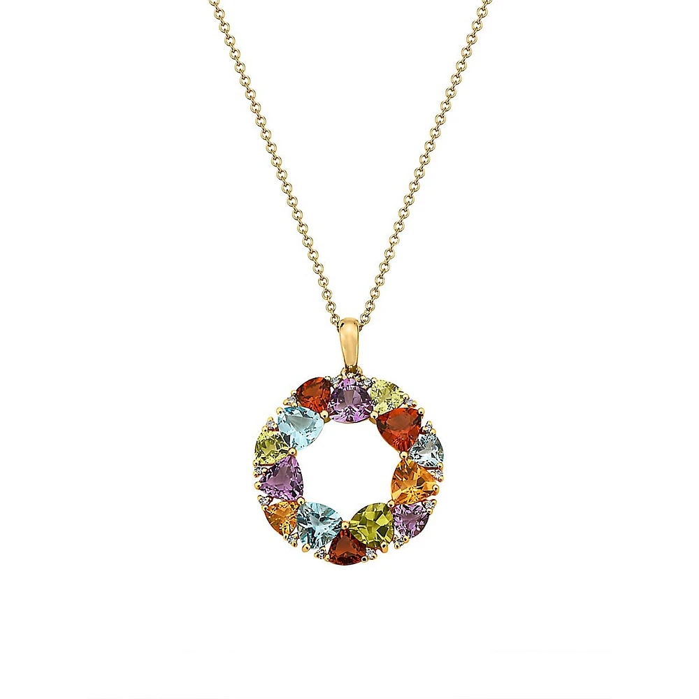 14K Yellow Gold Multi-Gem & 0.06 CT. T.W. Diamond Circular Pendant Necklace