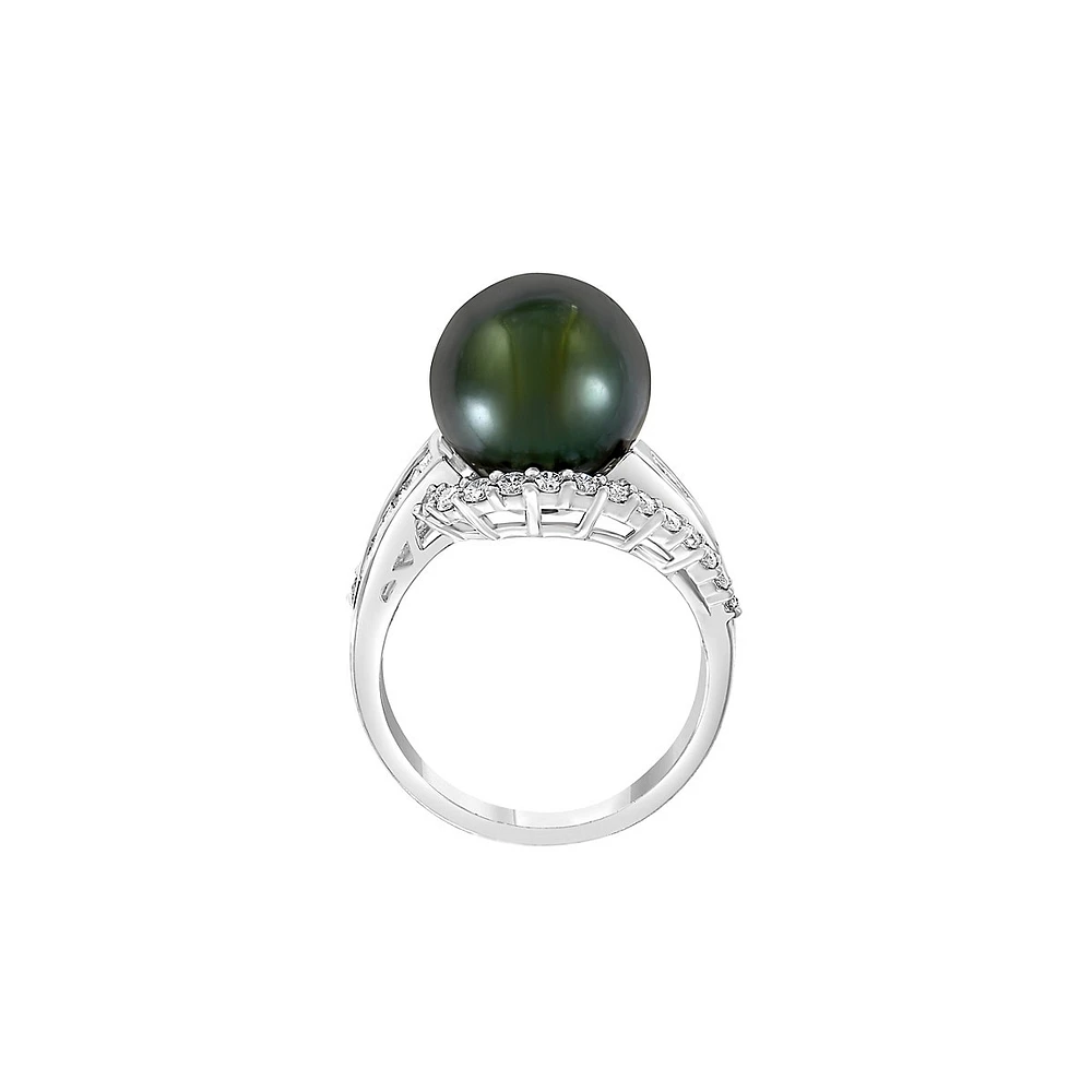 Bague en or blanc 14 ct avec perle noire de Tahiti de 12 mm et diamants de 0,7 ct (PT)