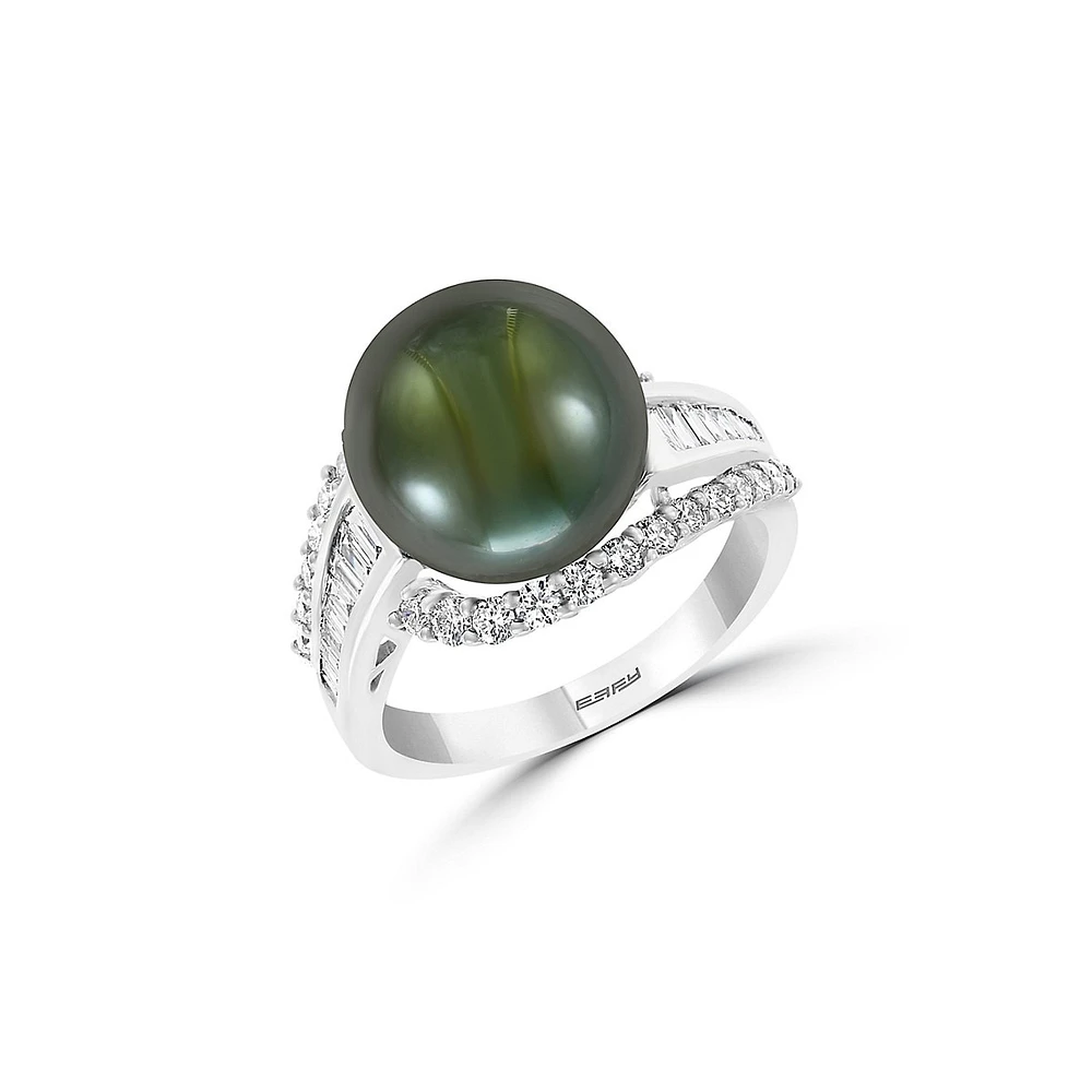 Bague en or blanc 14 ct avec perle noire de Tahiti de 12 mm et diamants de 0,7 ct (PT)