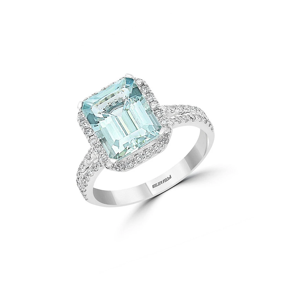 Bague en or blanc 14 ct avec aigue-marine et diamants de 0,35 ct (PT)