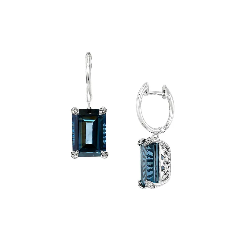 Pendants d'oreilles en or blanc 14 ct. avec topazes bleues de Londres et diamants 0,13 ct PT