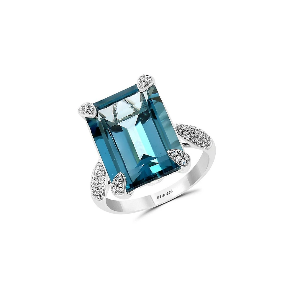 Bague à solitaire en or blanc 14 ct avec topaze London Blue et diamants 0,26 ct PT