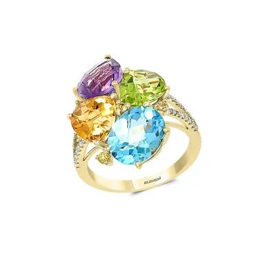 Bague en or jaune 14 ct avec pierres multicolores et diamants de 0,11 ct PT