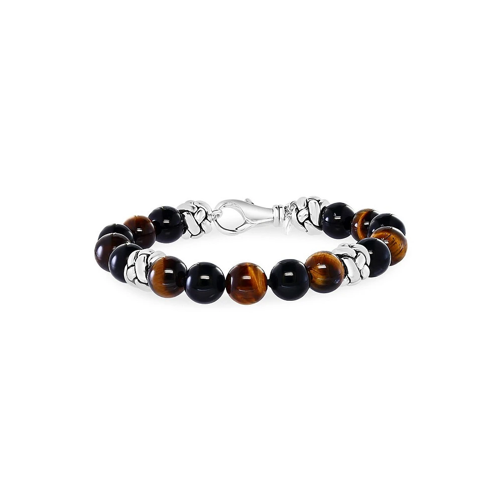 Bracelet en argent sterling avec onyx et œil-de-tigre pour homme