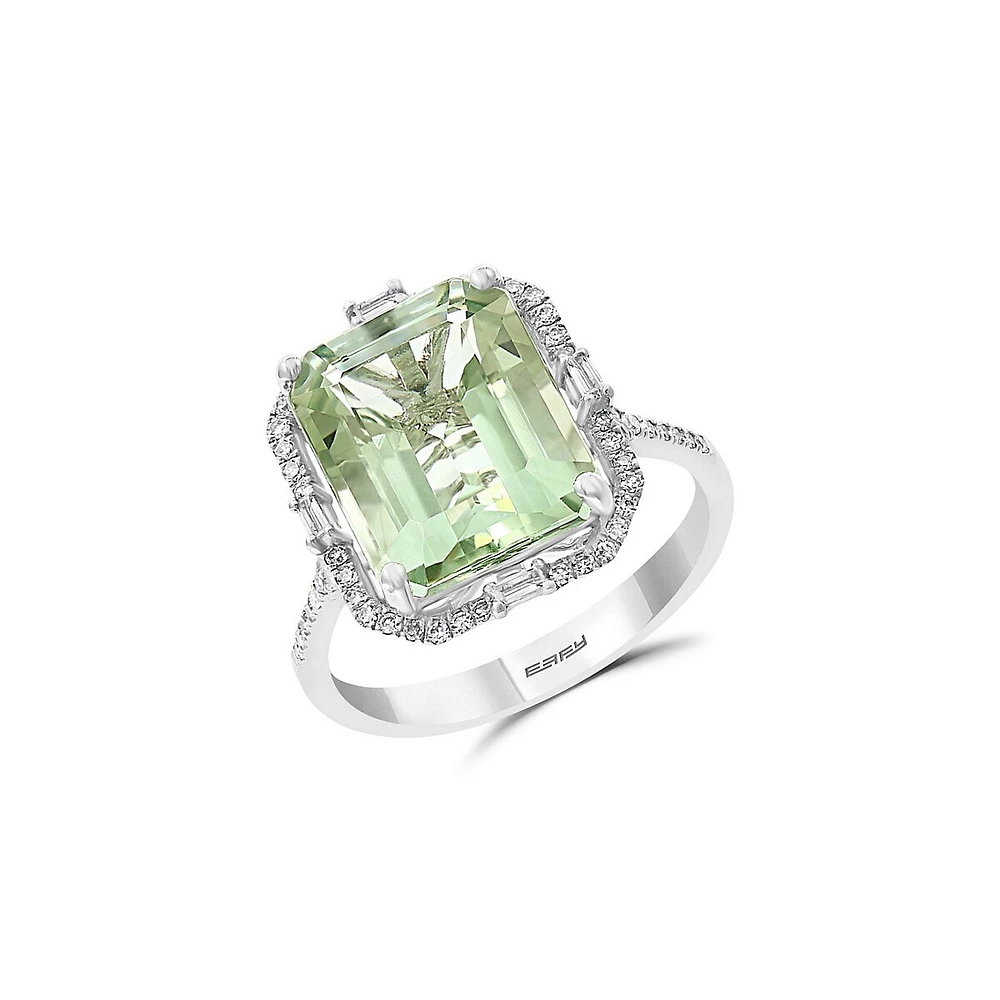 Bague à solitaire en or blanc 14 ct avec améthyste verte et diamants 0,25 ct PT