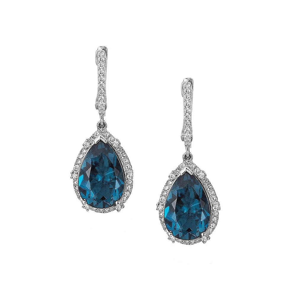 Boucles d'oreilles pendantes en or blanc 14 carats, 0,4 ct.tw de diamants et topaze bleue de Londres