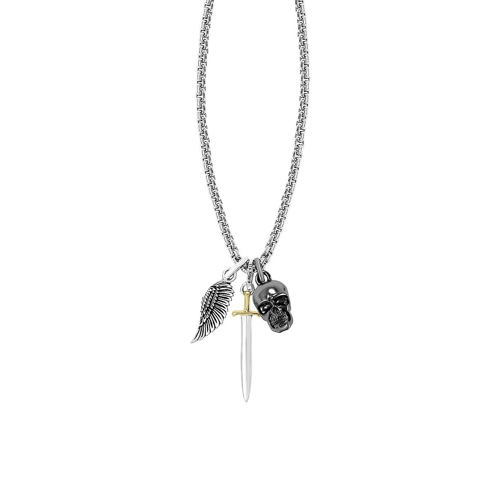 Sterling Silver Wing, Sword & Skull Pendant Necklace Necklace