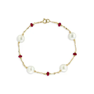 Bracelet en or jaune 14 ct avec perles d'eau douce et rubis