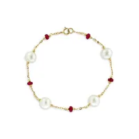 14K Yellow Gold, 8MM Freshwater Pearl & Ruby Station Bracelet