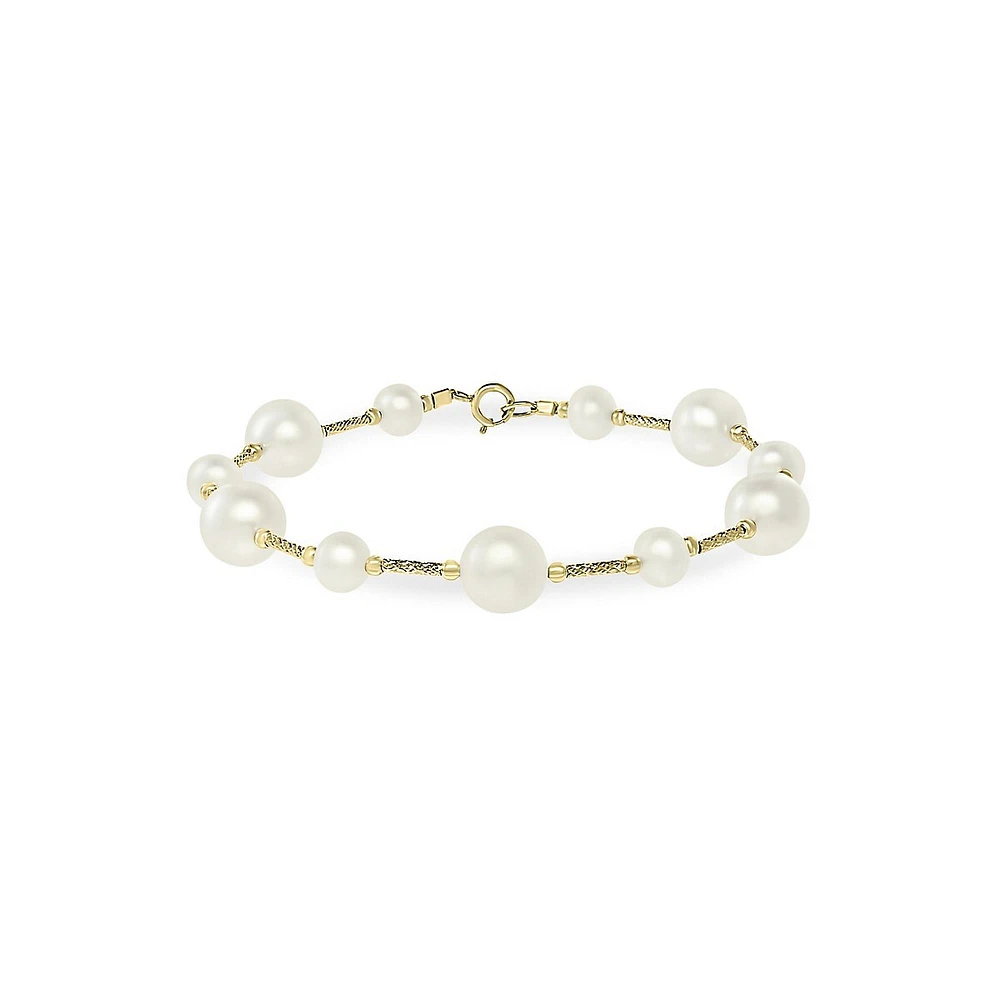 14K Yellow Gold & 5.5MM-8MM White Freshwater Pearl Bracelet