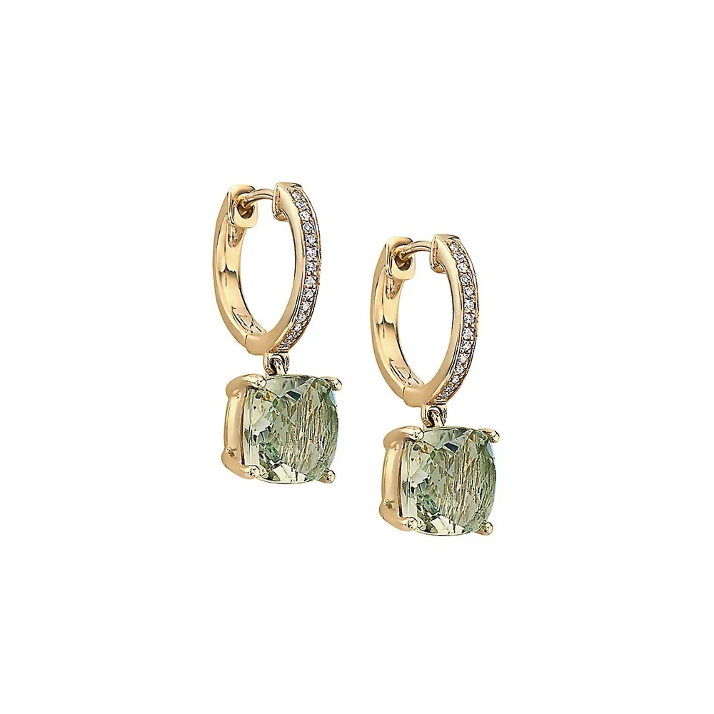 14K Yellow Gold, Green Amethyst & 0.07 CT. T.W. Diamond Drop Huggie Hoop Earrings