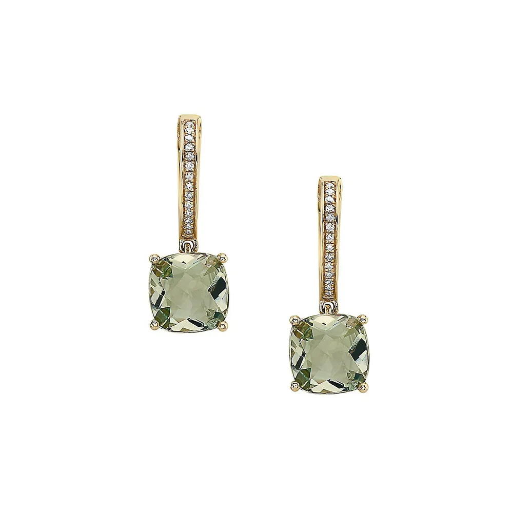 14K Yellow Gold, Green Amethyst & 0.07 CT. T.W. Diamond Drop Huggie Hoop Earrings