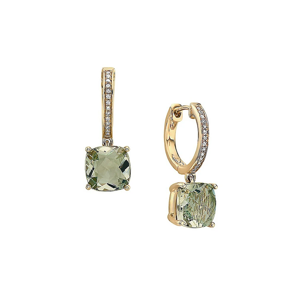 14K Yellow Gold, Green Amethyst & 0.07 CT. T.W. Diamond Drop Huggie Hoop Earrings