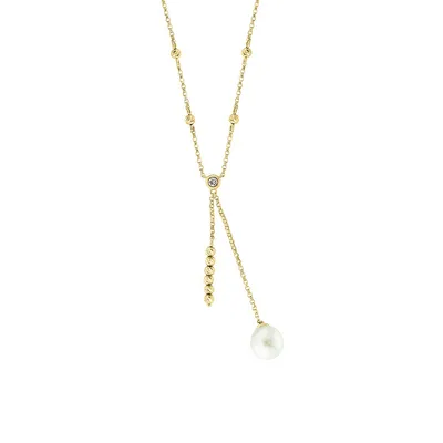 Pearls 14K Yellow Gold 0.01 CT. T.W. Diamond 7.5MM Fresh Water Pearl Necklace