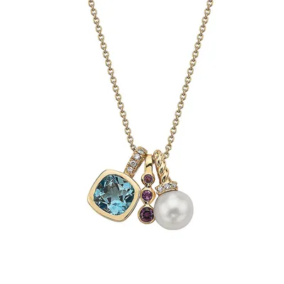 14K Yellow Gold, 0.04 CT. T.W. Diamond, 7MM Freshwater Pearl & Mixed-Stone Charm Necklace