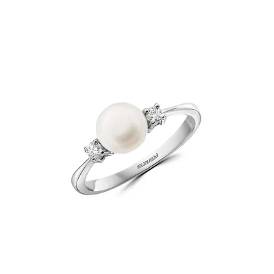 Sterling Silver, 6MM Freshwater Pearl & 0.11 CT. T.W. Diamond Ring