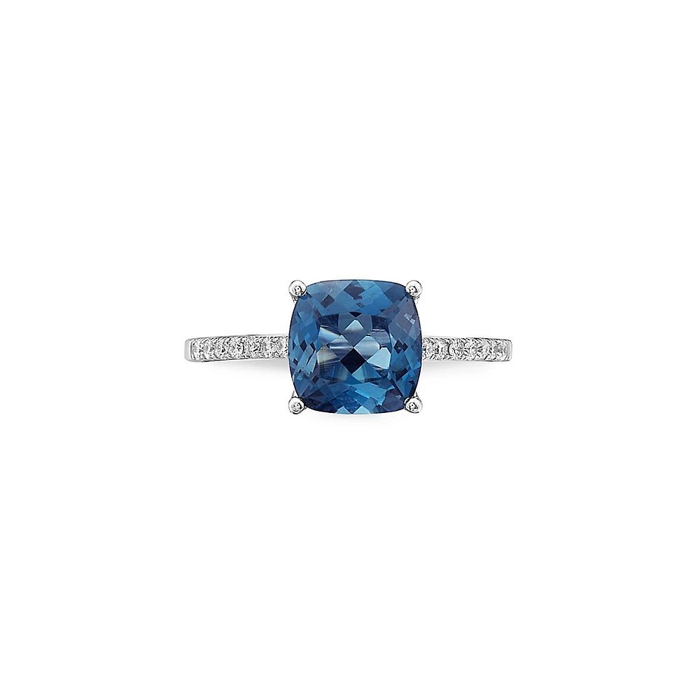 Bague en or blanc 14 ct avec topaze bleue de Londres et diamants 0,13 ct PT