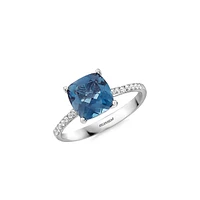 Bague en or blanc 14 ct avec topaze bleue de Londres et diamants 0,13 ct PT