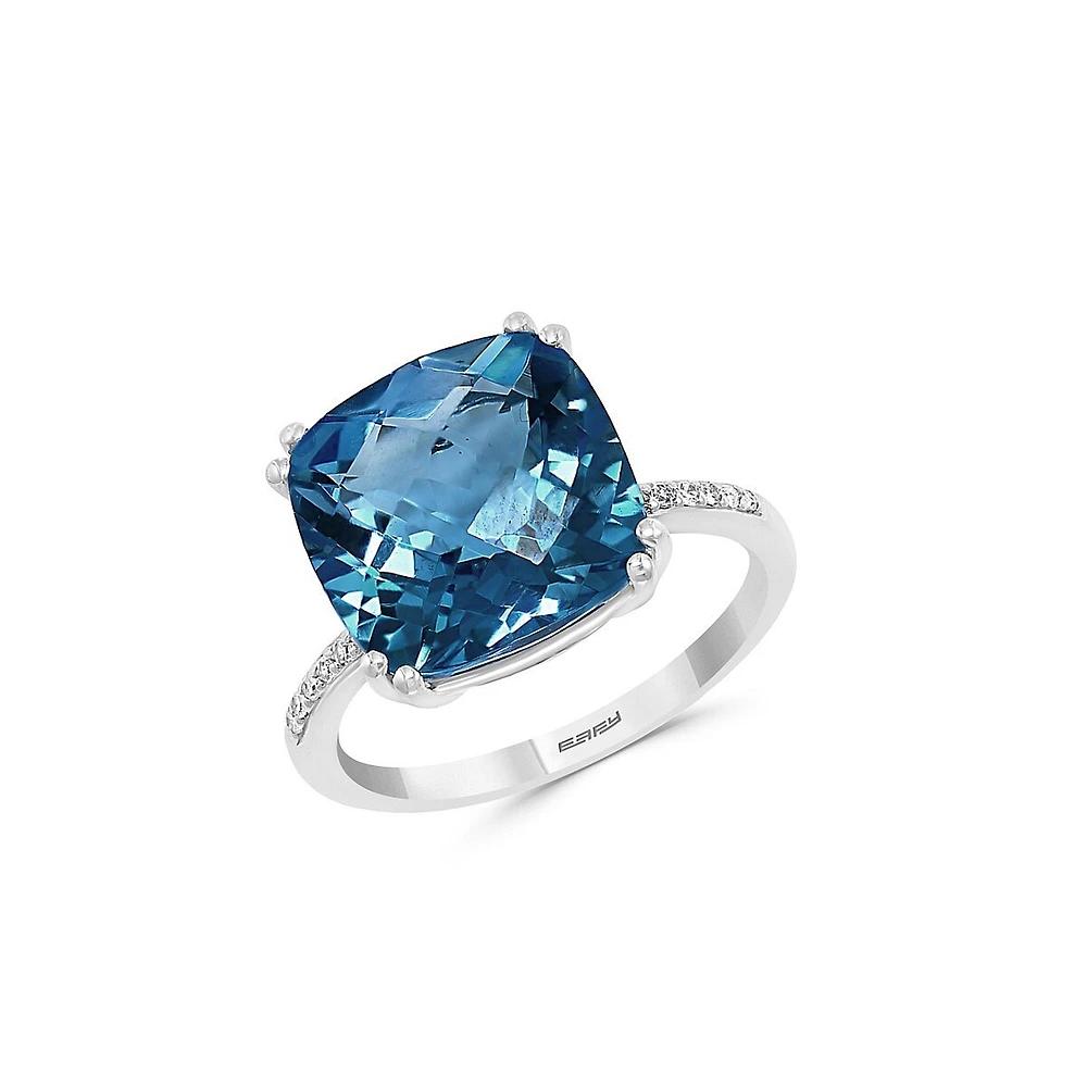 Bague en or blanc 14 ct avec topaze bleue de Londres et diamants 0,05 ct PT