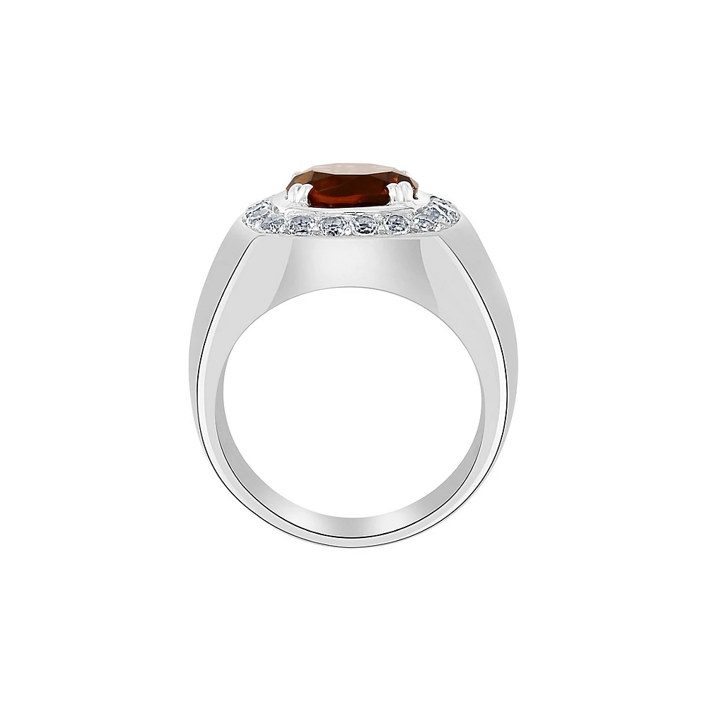 Men's Sterling Silver, White Topaz & Smoky Quartz Halo Tonneau Ring