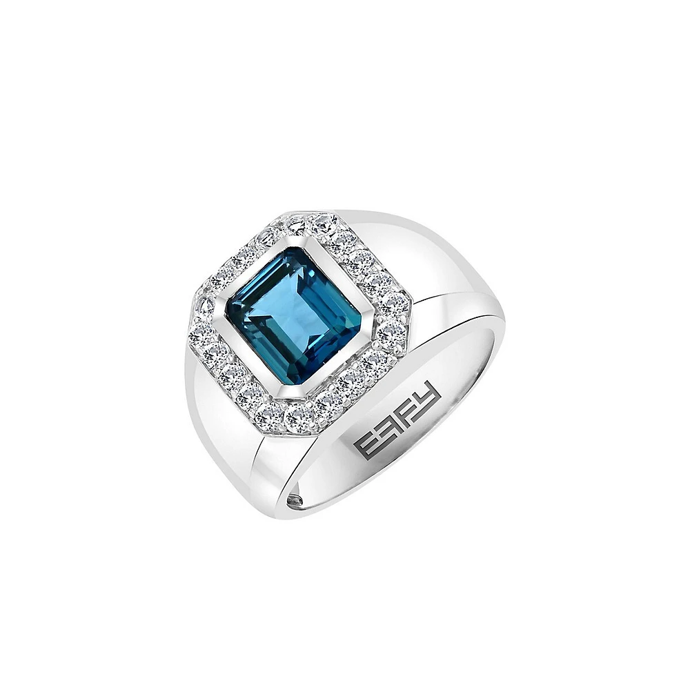 Men's Sterling Silver, London Blue Topaz & White Topaz Signet Ring