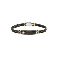 Two-Tone Sterling Silver, Onyx & Braided Leather Bracelet