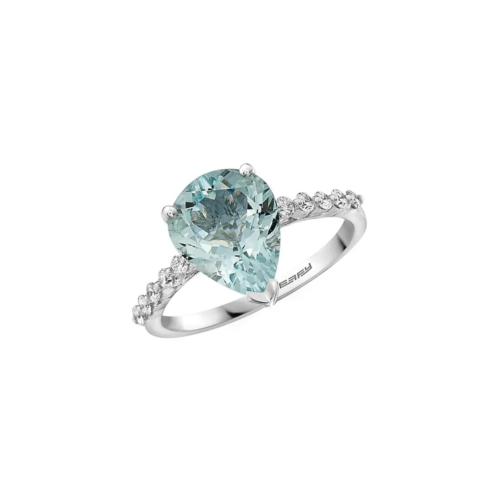 Bague en or blanc avec diamants et aigue-marine en forme de poire 0,19 ct.